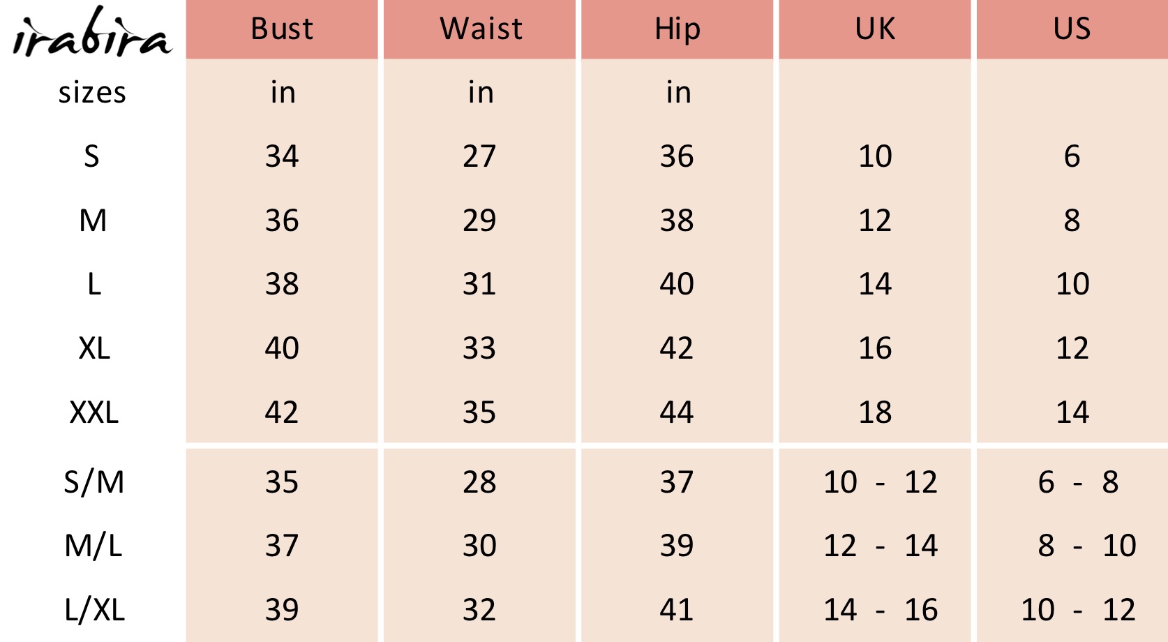 Irabira Size Chart